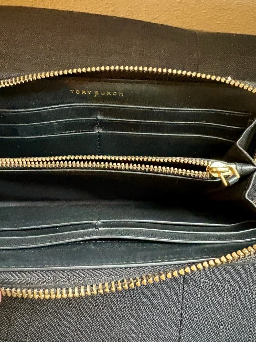 Tory Burch Black Quilted Zip Wallet with Gold Logo